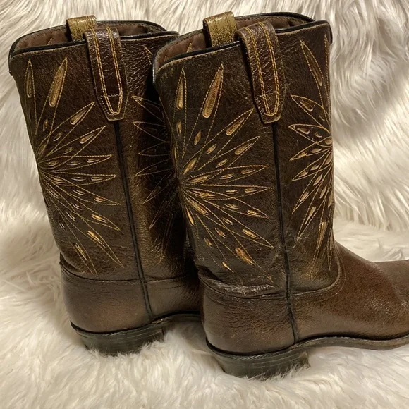 SOLD ❌Vintage ACME - Cowboy Boots Brown Leather w Gold Design Narrow Cowgirl - Picture 9 of 13